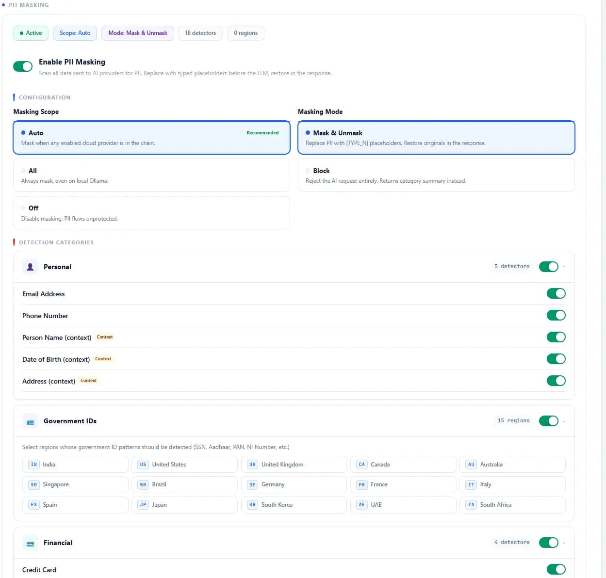 Settings → Security → PII Masking